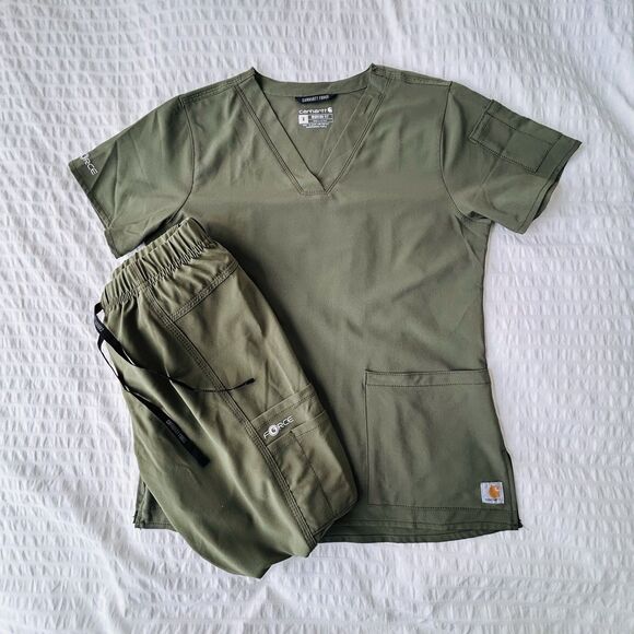 Carhartt Force Modern Fit  V Neck Jogger Scrub Set Olive Green Size Small Petite - Picture 1 of 16
